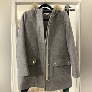 J. Crew Gray Pea Coat with Faux Fur Hood
